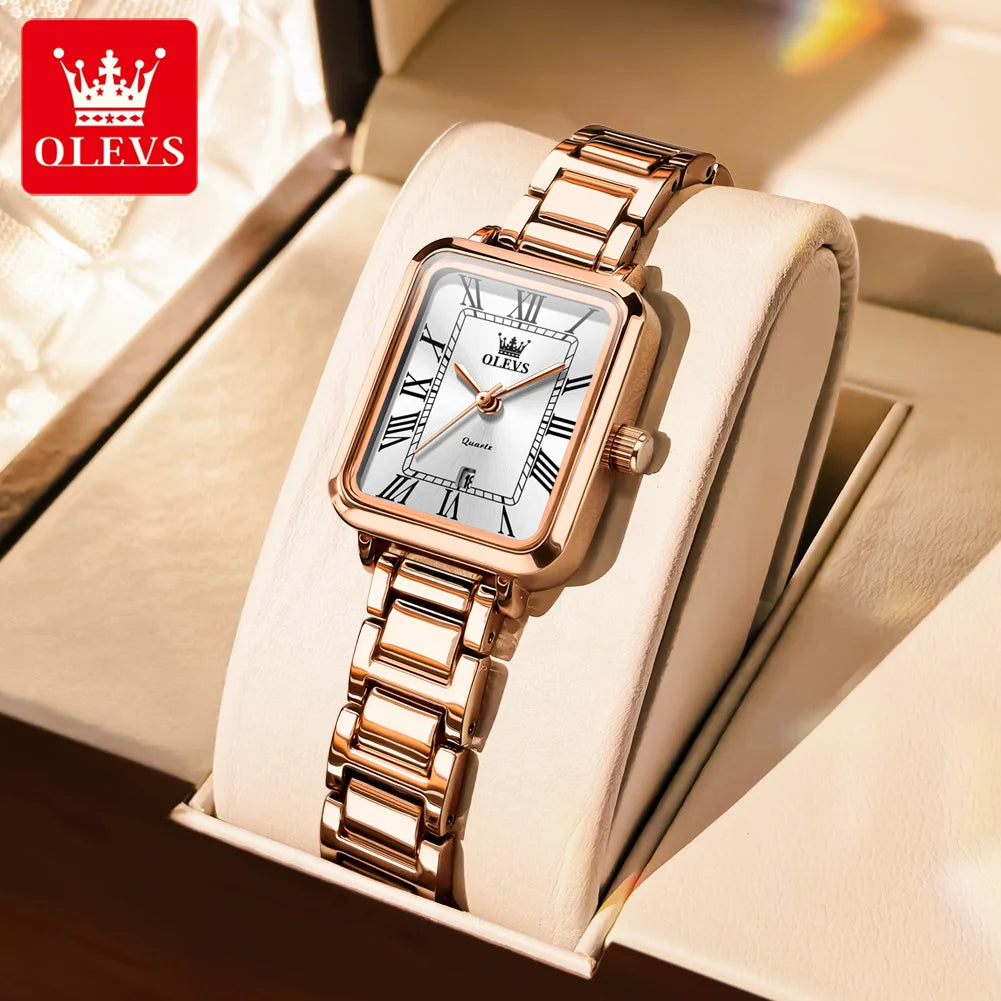 OLEVS 5641 New Ladies Wristwatch Roman Square Dial Waterproof Calendar Stainless Steel Elegant Dress Quartz Watch for Women