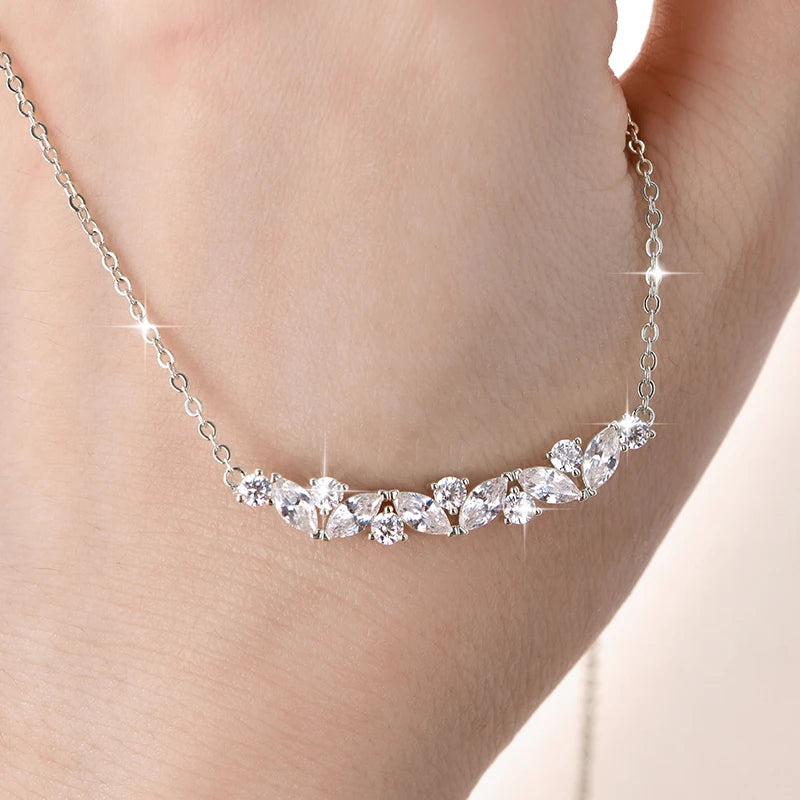 Elegant Shiny Gold Plated Round&Marquise Cut Cubic Zirconia Vine Plant V-Neck Collarbone Chain Leaf Pendant Necklace for Women