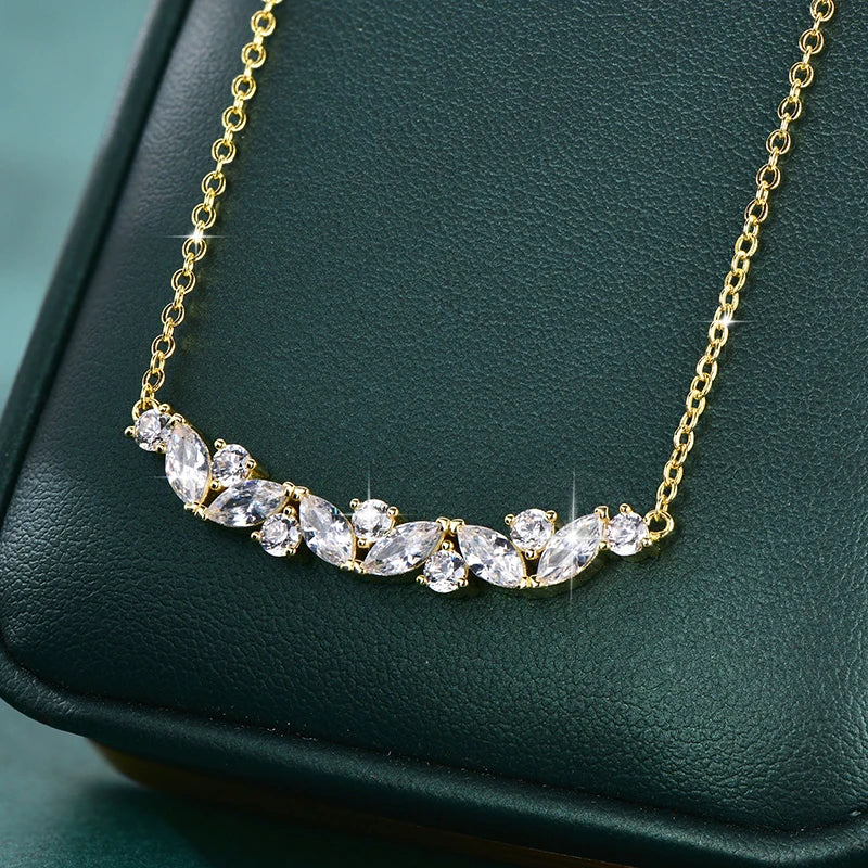 Elegant Shiny Gold Plated Round&Marquise Cut Cubic Zirconia Vine Plant V-Neck Collarbone Chain Leaf Pendant Necklace for Women