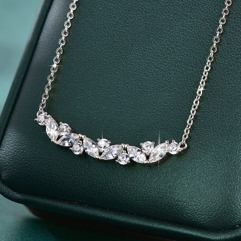 Elegant Shiny Gold Plated Round&Marquise Cut Cubic Zirconia Vine Plant V-Neck Collarbone Chain Leaf Pendant Necklace for Women