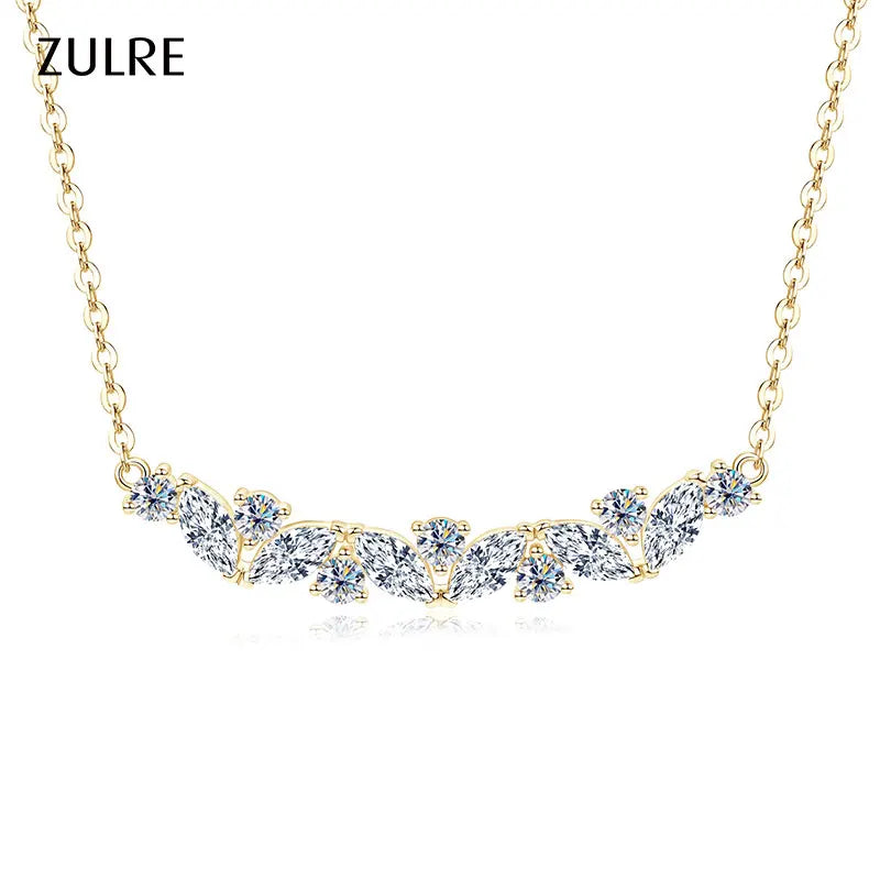 Elegant Shiny Gold Plated Round&Marquise Cut Cubic Zirconia Vine Plant V-Neck Collarbone Chain Leaf Pendant Necklace for Women