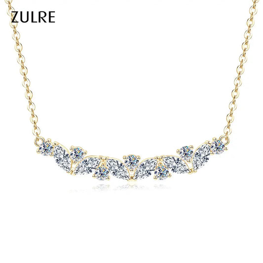 Elegant Shiny Gold Plated Round&Marquise Cut Cubic Zirconia Vine Plant V-Neck Collarbone Chain Leaf Pendant Necklace for Women