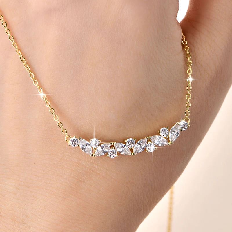 Elegant Shiny Gold Plated Round&Marquise Cut Cubic Zirconia Vine Plant V-Neck Collarbone Chain Leaf Pendant Necklace for Women