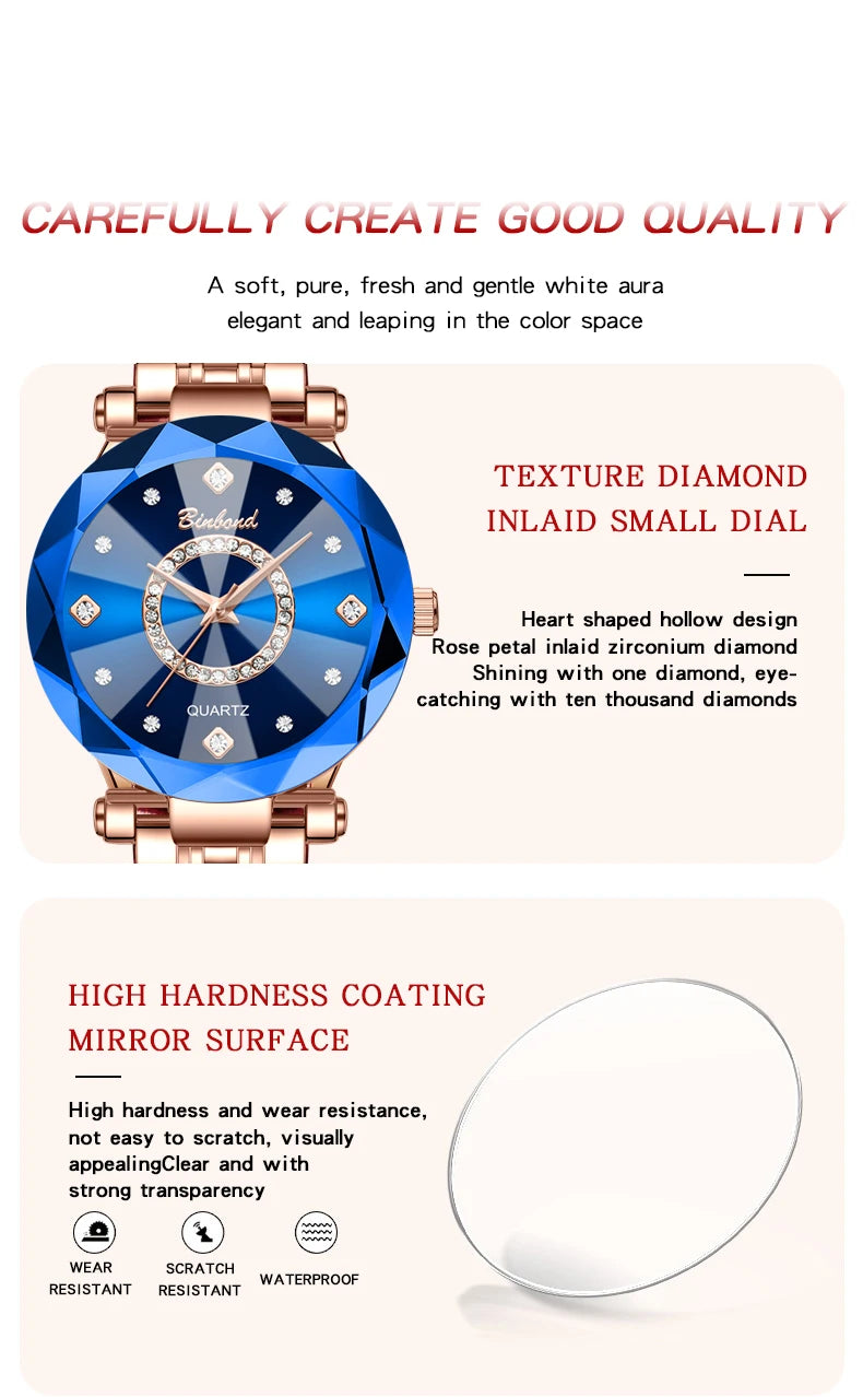 BINBOND Fashion Women's Quartz Watch Elegant For Heart of The Ocean Mirror Face Waterproof Business Lady Watch Relogio Feminino