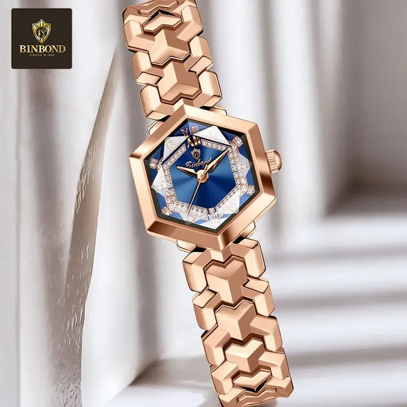 BINBOND Top Brand Elegant Women's Watches Fashion Rhombus Mirror Ladies Wristwatch Waterproof Diamond Dial Original Quartz Watch