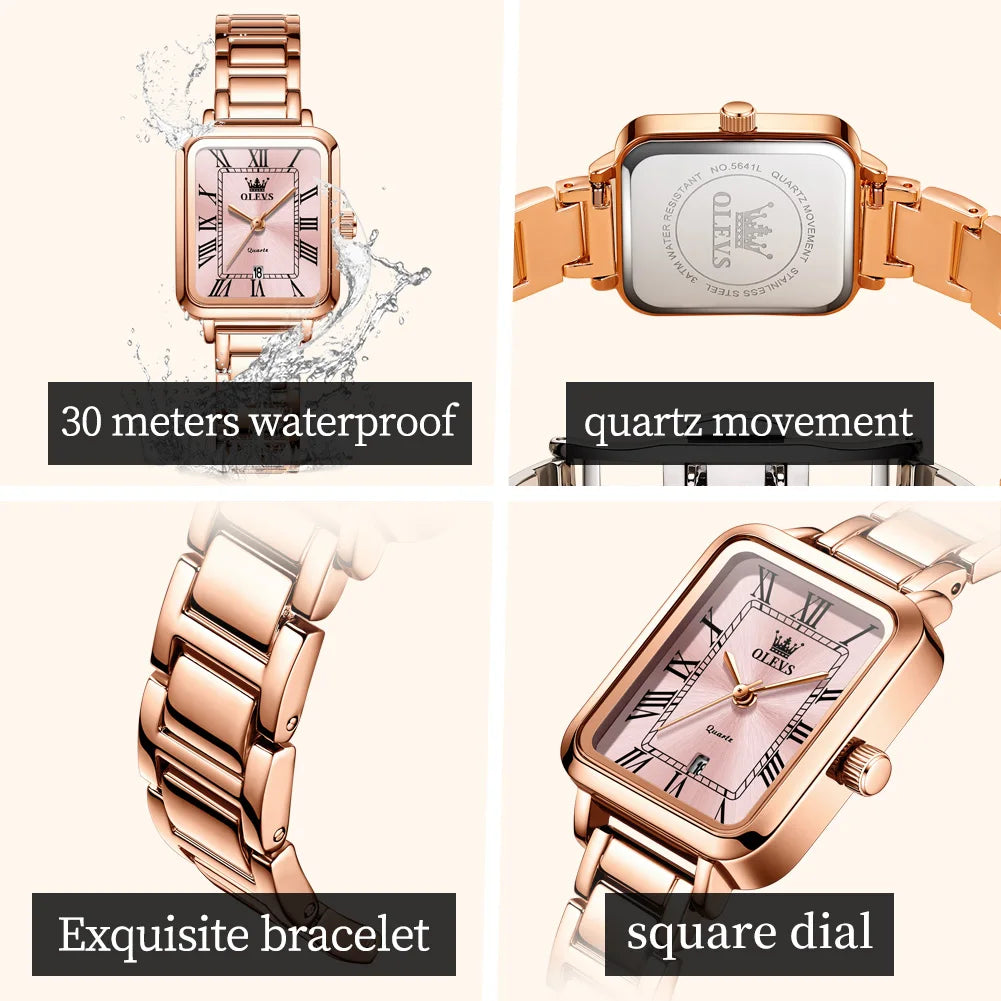 OLEVS 5641 New Ladies Wristwatch Roman Square Dial Waterproof Calendar Stainless Steel Elegant Dress Quartz Watch for Women