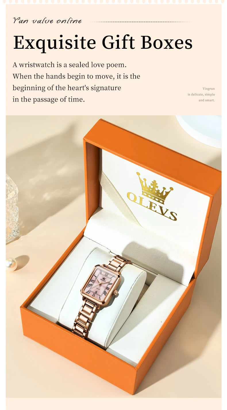 OLEVS 5641 New Ladies Wristwatch Roman Square Dial Waterproof Calendar Stainless Steel Elegant Dress Quartz Watch for Women