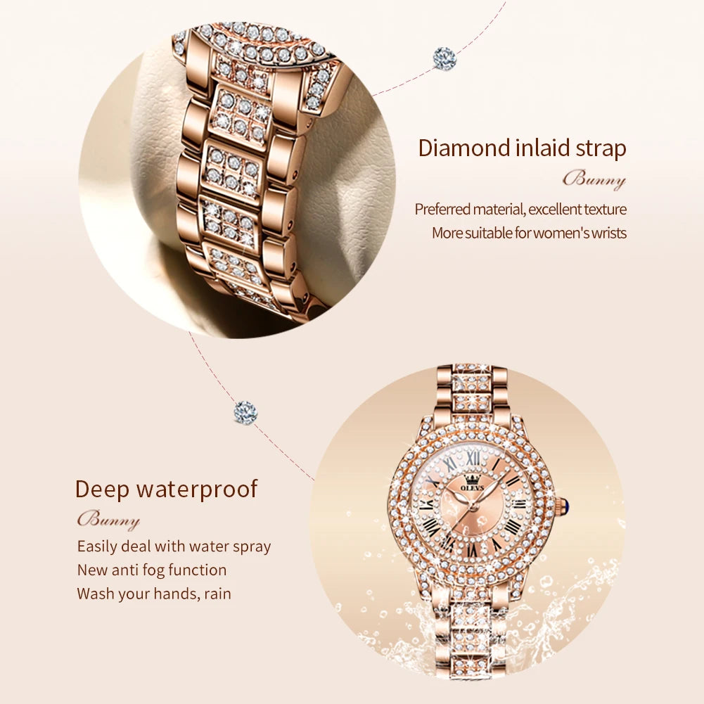 OLEVS Quartz Women's Watch Fashionable Retro Roman Scale Inlaid Diamond Waterproof dial Luxury Exquisite Elegant Women's Watch