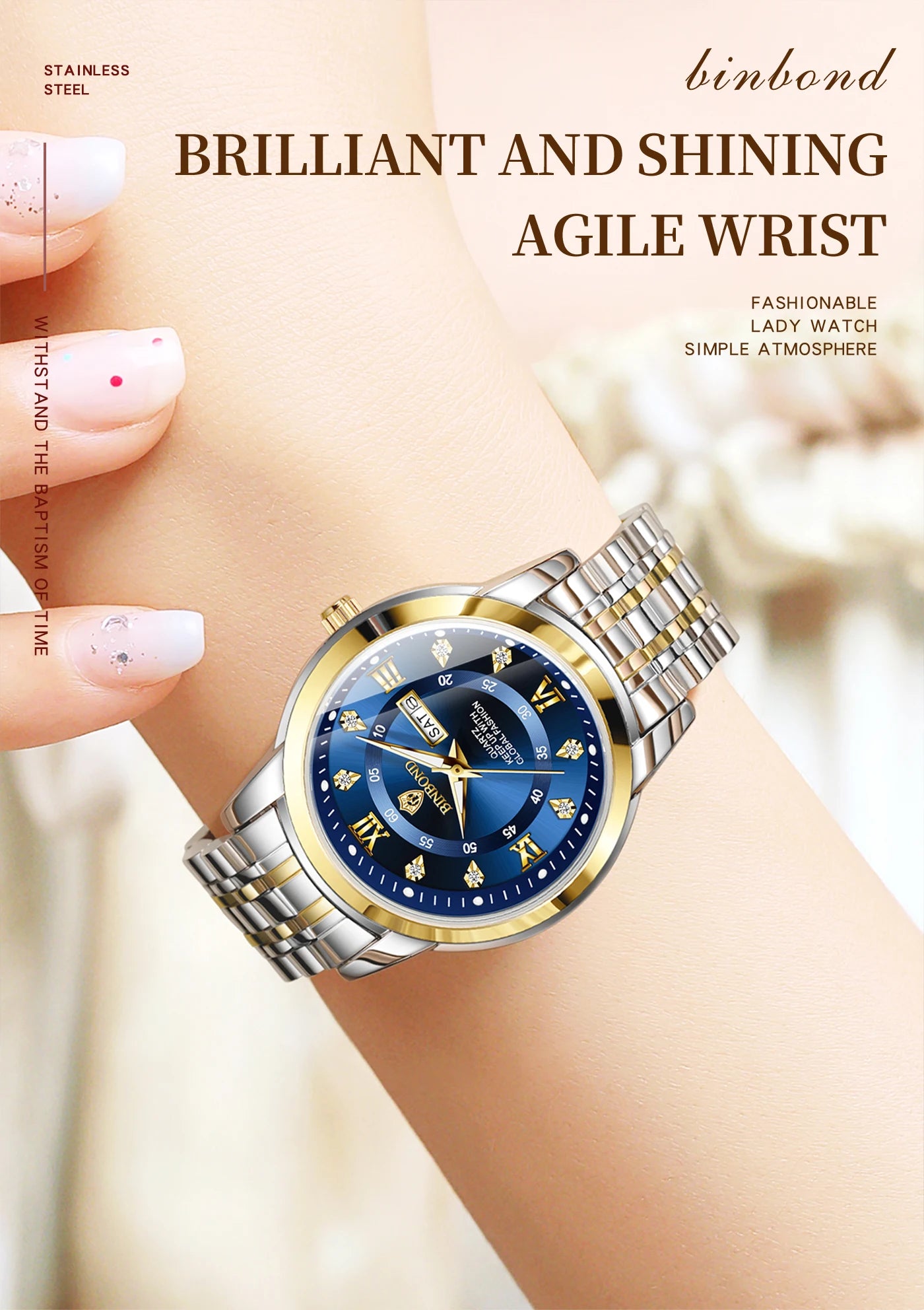 BINBOND Top Brand Luxury Fashion Business Women's Quartz Watch 30M Waterproof Luminous Week Date Clock New Sport Ladies' Watches