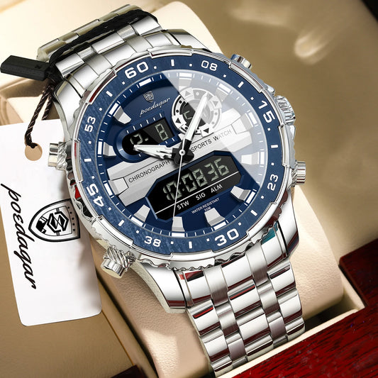 POEDAGAR Electronic Fashion Man Wristwatch Week Date LED Luminous Men Watch Dual Time Display Digital Men's Quartz Watches Reloj