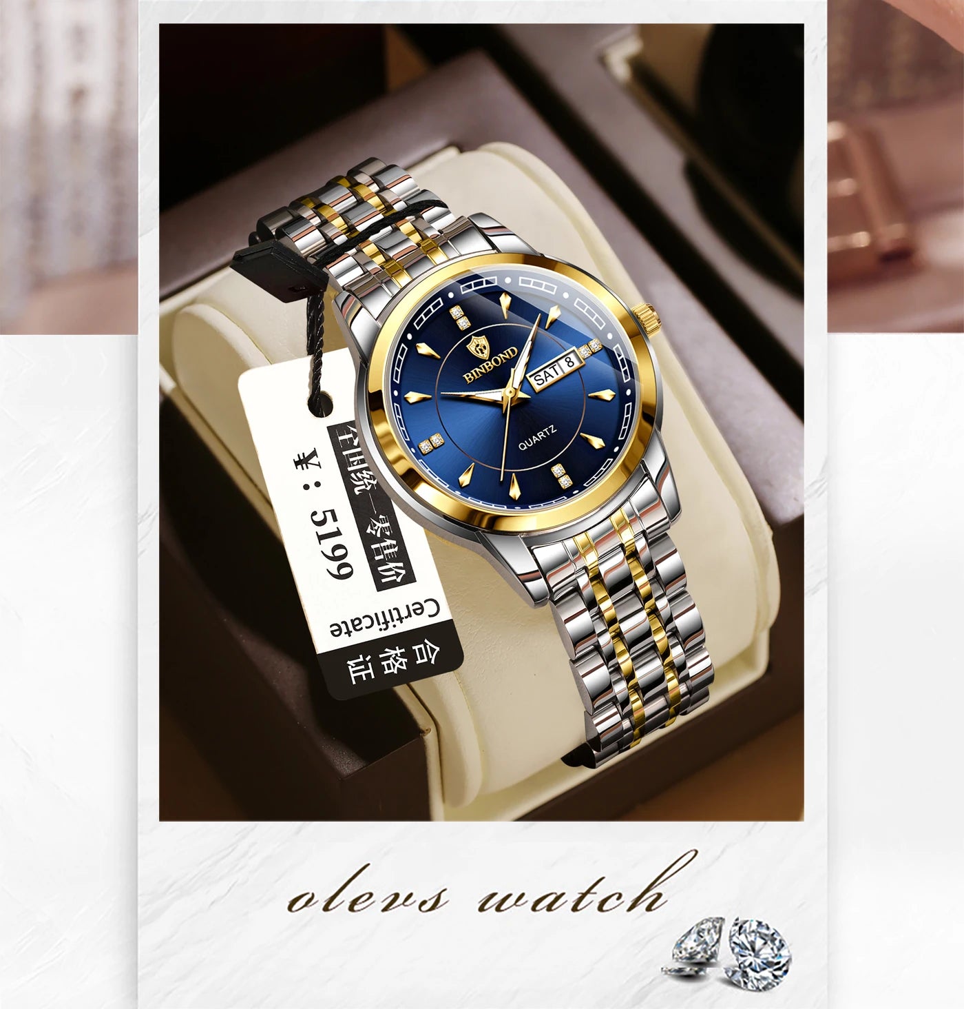 BINBOND Original Brand Ladies New Quartz Wristwatch Luxury Stainless Steel Waterproof Women's Watch Fashion Luminous Ms Watches