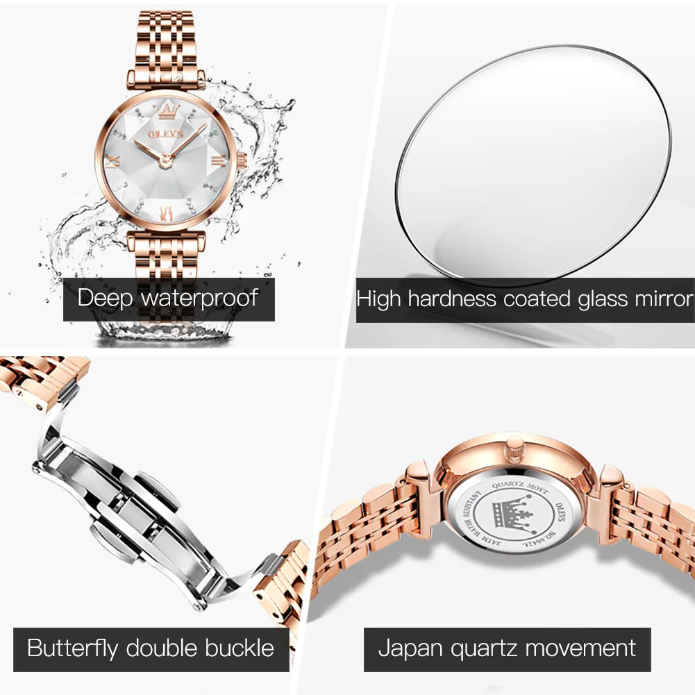OLEVS 6642 Elegant Japan Quartz Watch for Lady Steel Strap Waterproof Fashion Dress Wristwatch Women's Gift