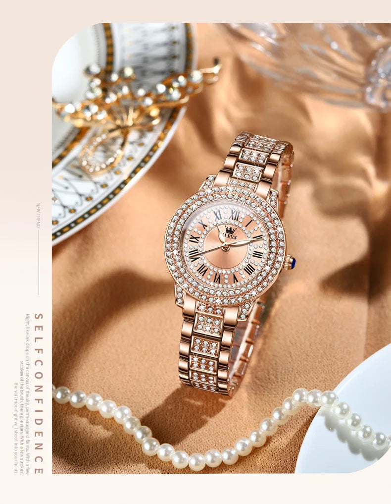 OLEVS Quartz Women's Watch Fashionable Retro Roman Scale Inlaid Diamond Waterproof dial Luxury Exquisite Elegant Women's Watch