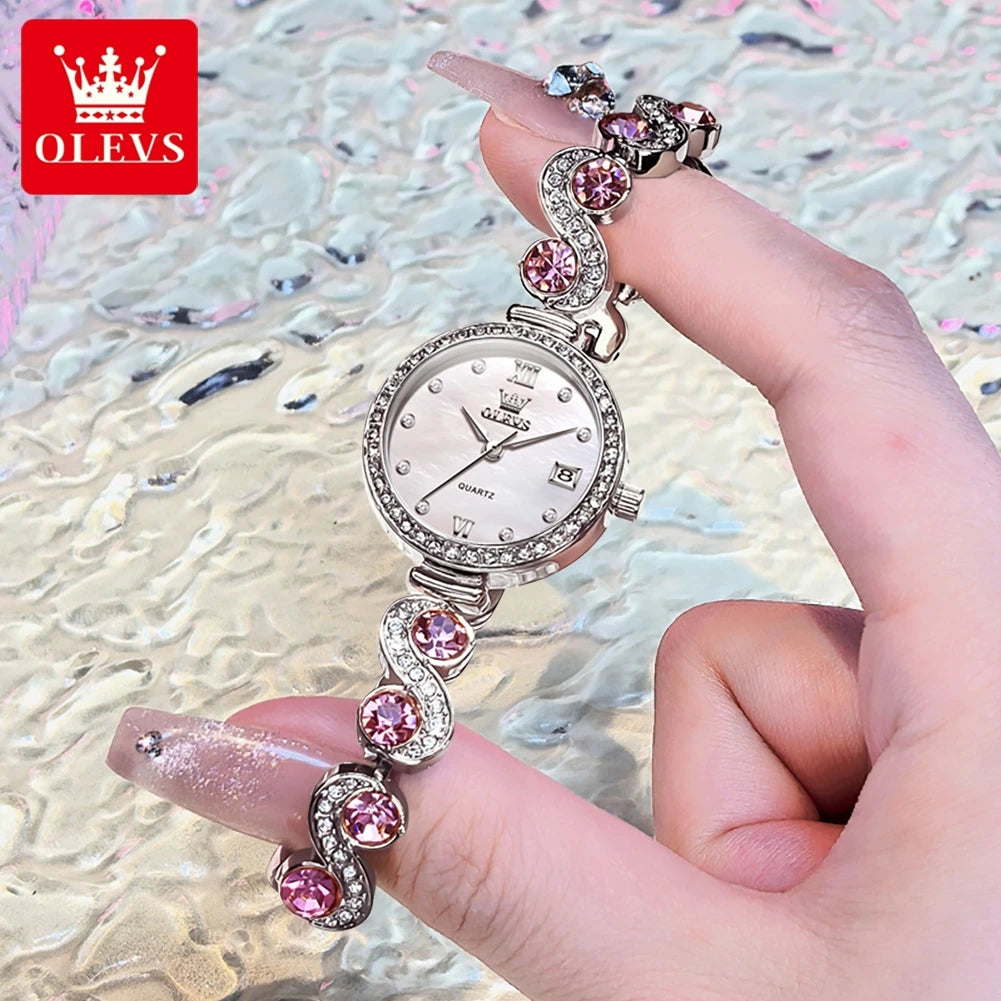 OLEVS 5633 Elegant Women's Bracelet Quartz Watches Diamond Bezel Waterproof Steel Strap Fashion Original Ladies Wristwatch