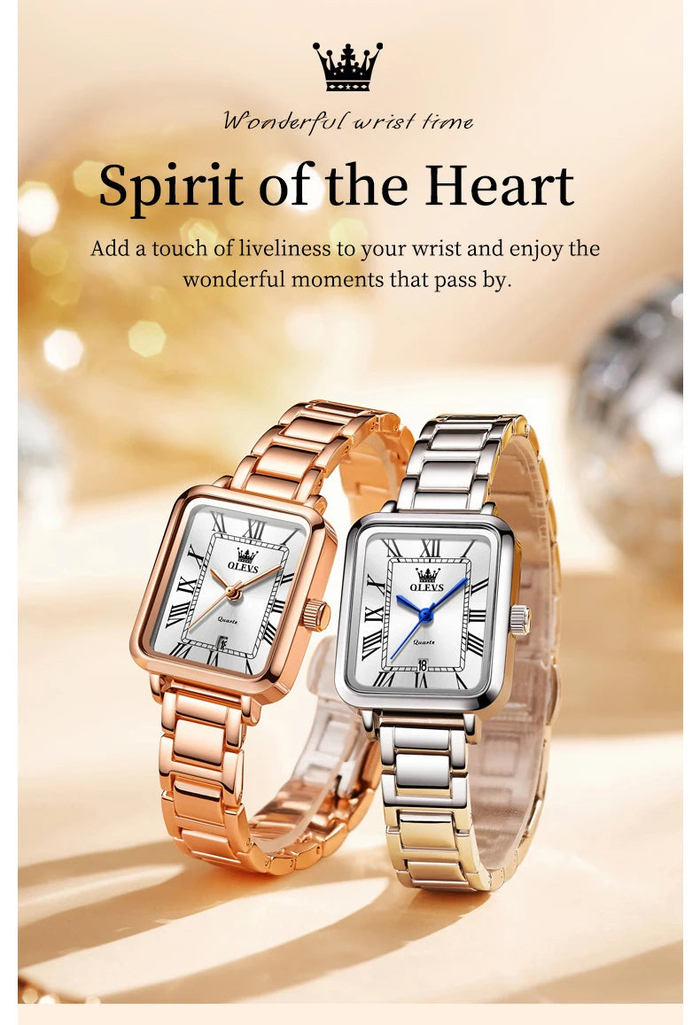 OLEVS 5641 New Ladies Wristwatch Roman Square Dial Waterproof Calendar Stainless Steel Elegant Dress Quartz Watch for Women