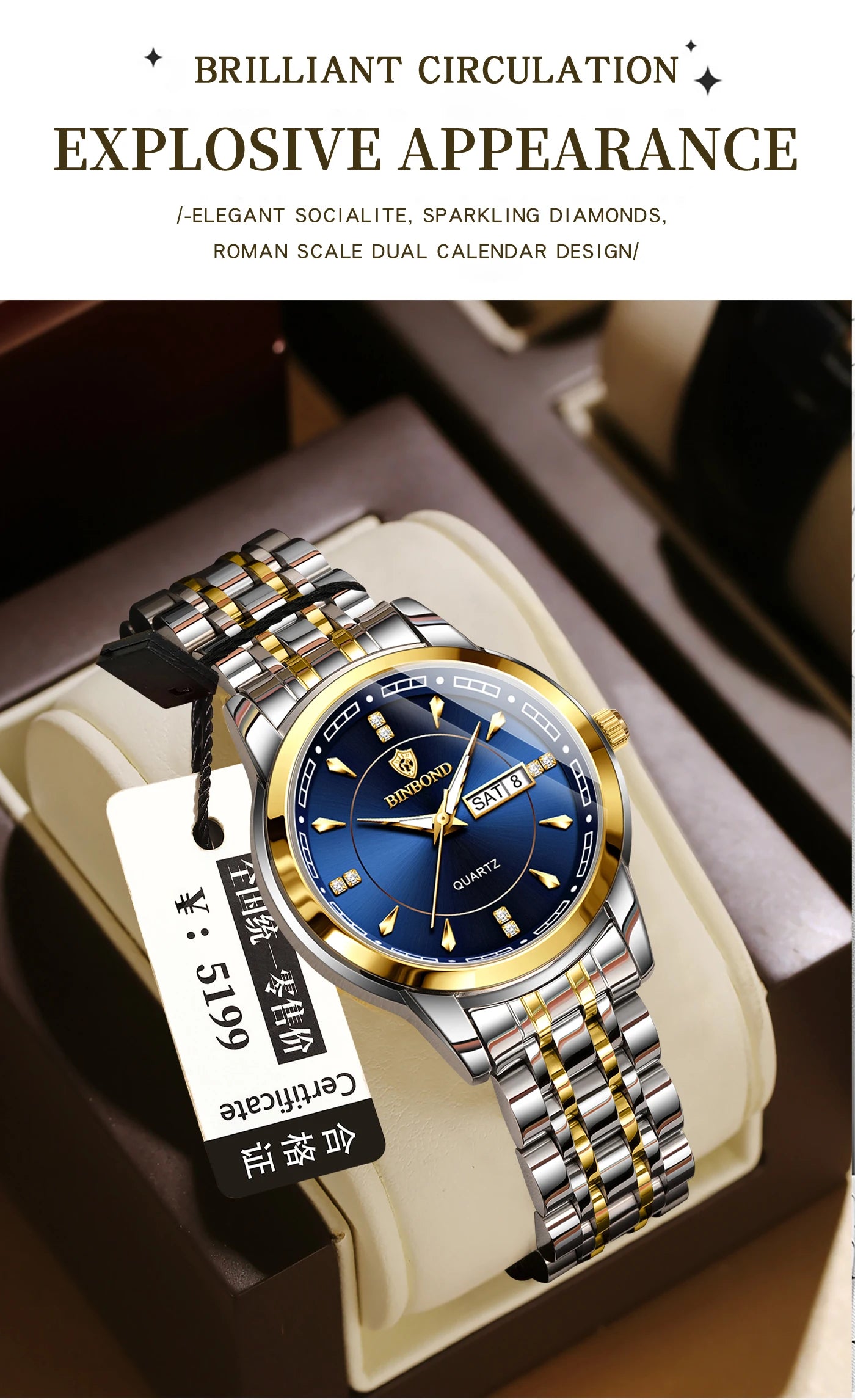 BINBOND Original Brand Ladies New Quartz Wristwatch Luxury Stainless Steel Waterproof Women's Watch Fashion Luminous Ms Watches