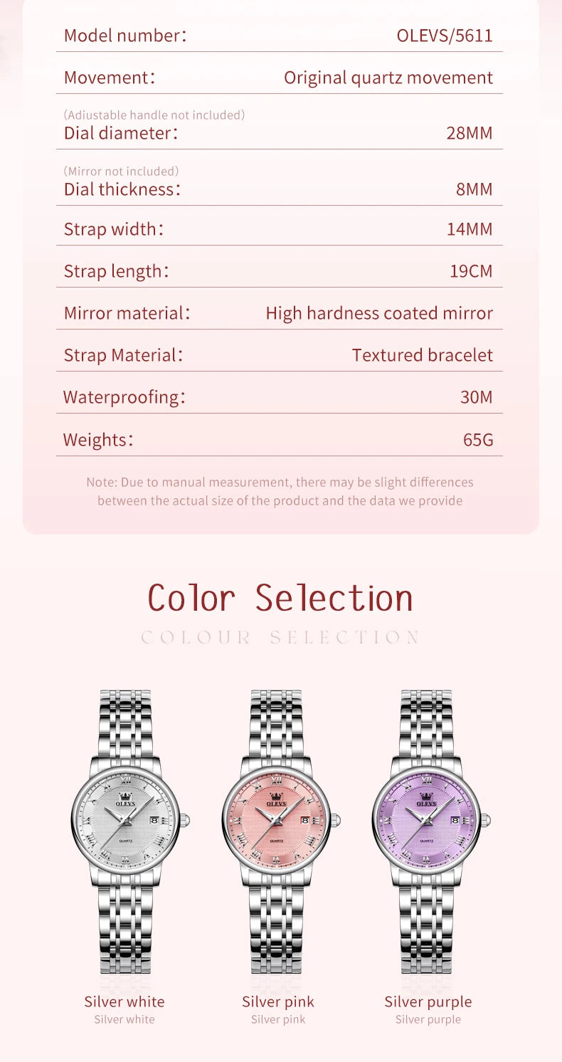 OLEVS 5611 Original Ladies Dress Quartz Wristwatch Luminous Date Stainless Steel Strap Elegant Luxury Women Watches