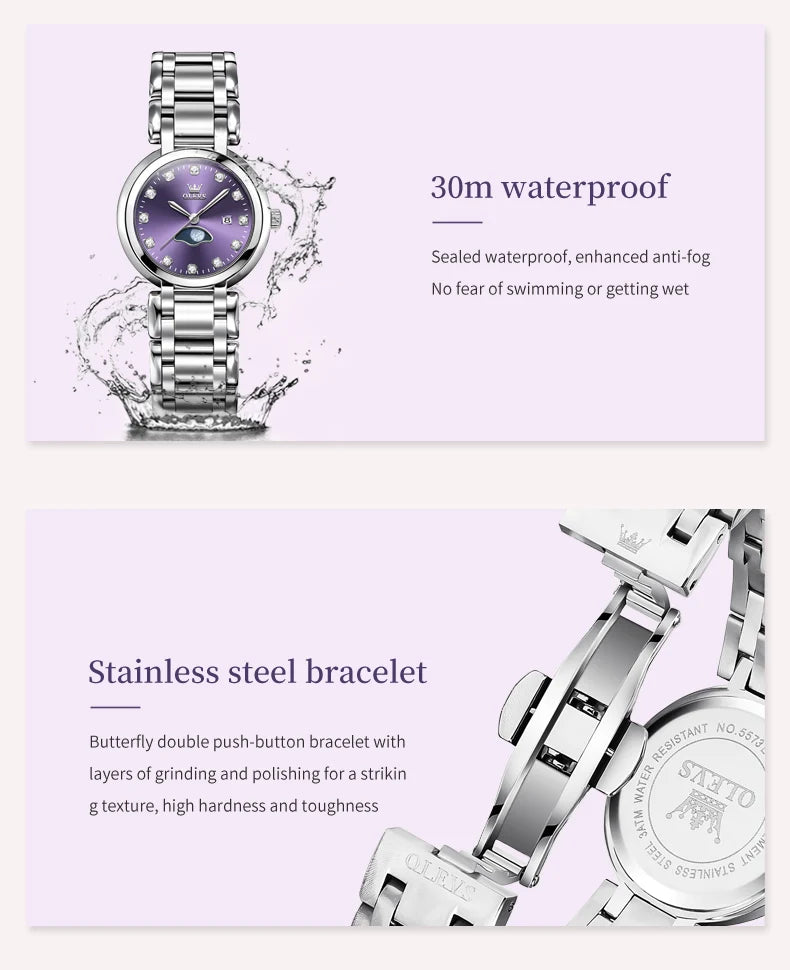 OLEVS 5573 Original Ladies Quartz Watch Diamond Scale Calendar Stainless Steel Waterproof Elegant Dress Wristwatch for Women