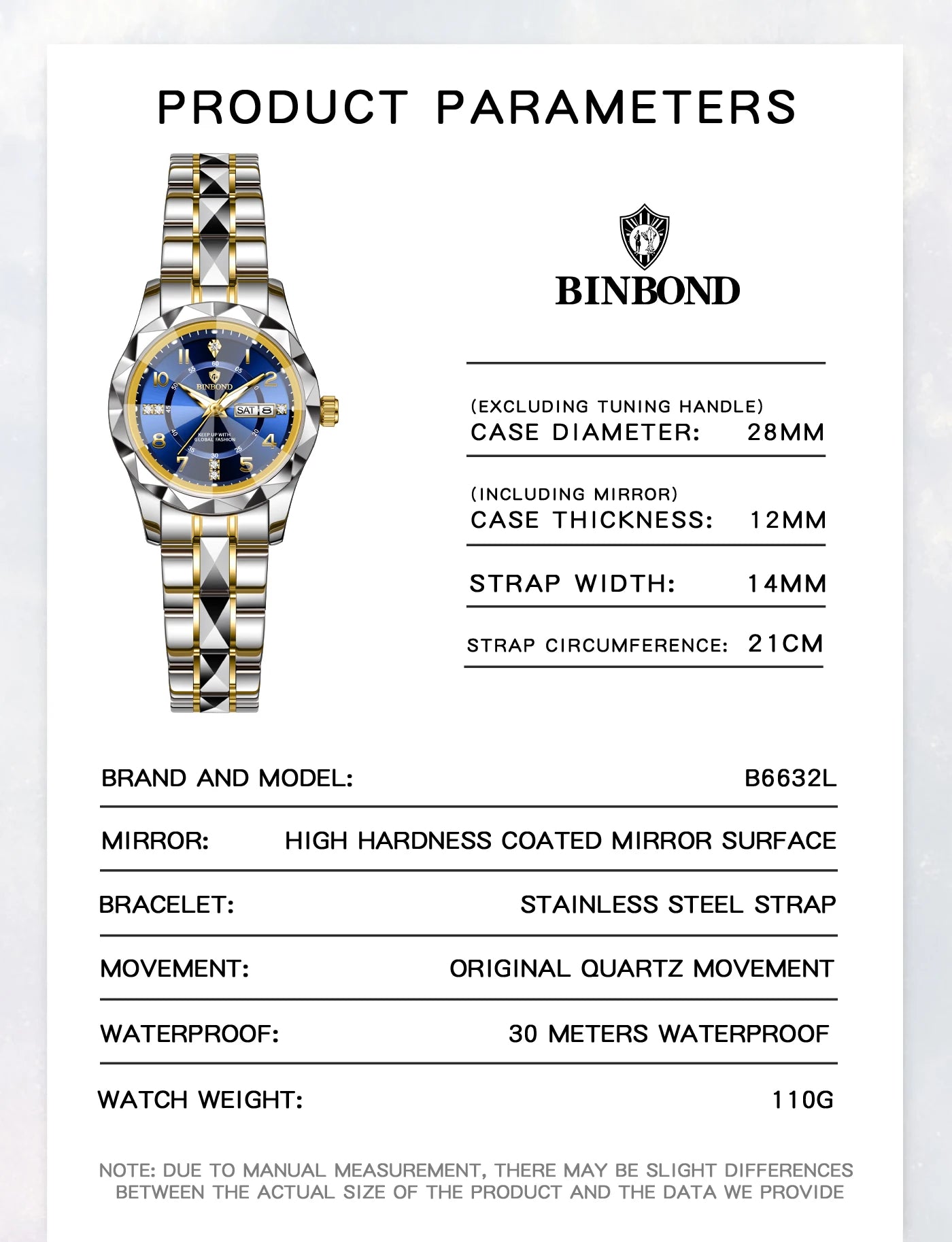 BINBOND Top Brand Fashion Business Womens Quartz Watches Waterproof Luminous Week Date Clock Sport Ladies' Wristwatch New B6632