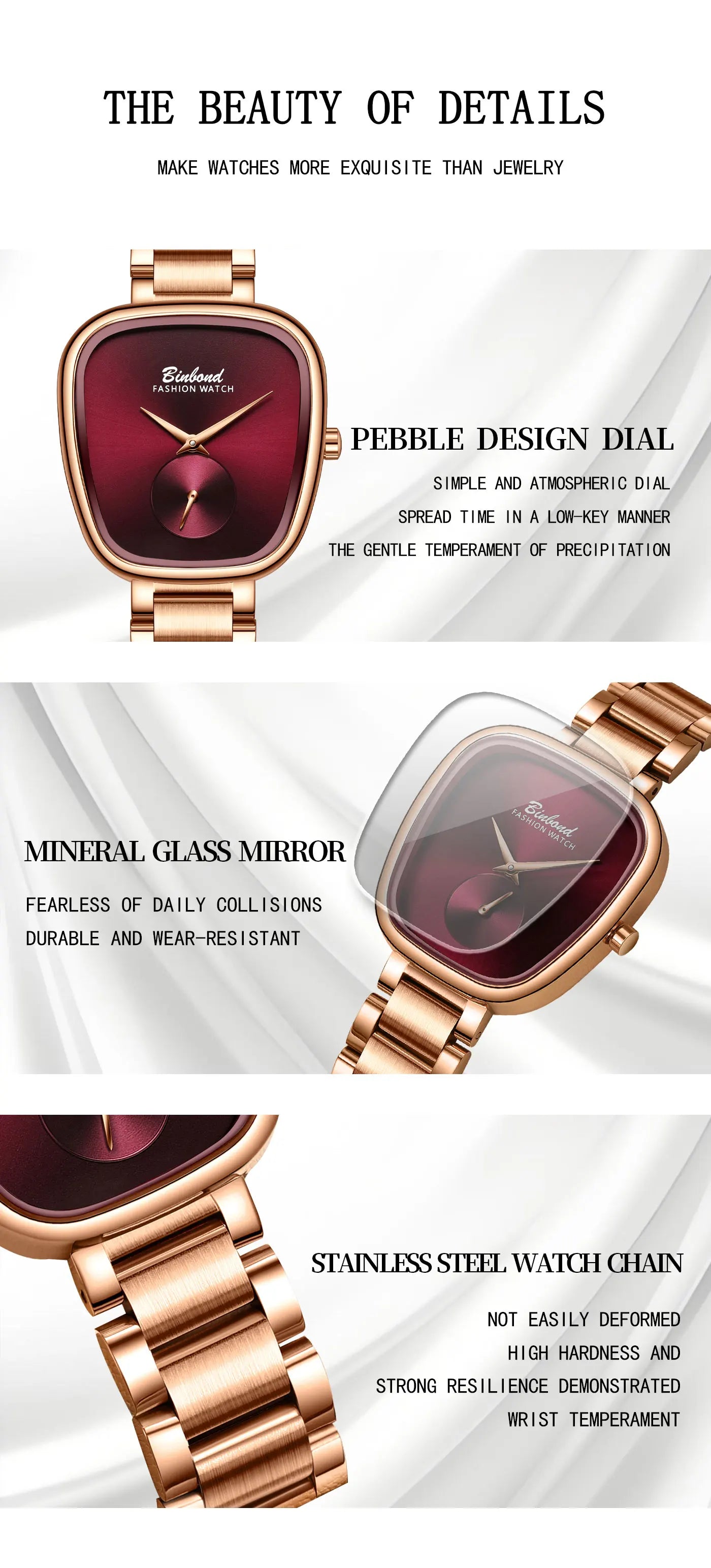 BINBOND Luxury Brand Fashion Ladies' Watch Waterproof Stainless Steel Women's Watch Simple High Quality Quartz Watches for Woman