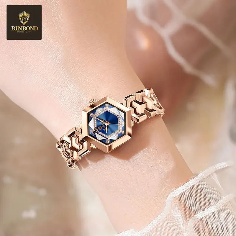BINBOND Top Brand Elegant Women's Watches Fashion Rhombus Mirror Ladies Wristwatch Waterproof Diamond Dial Original Quartz Watch