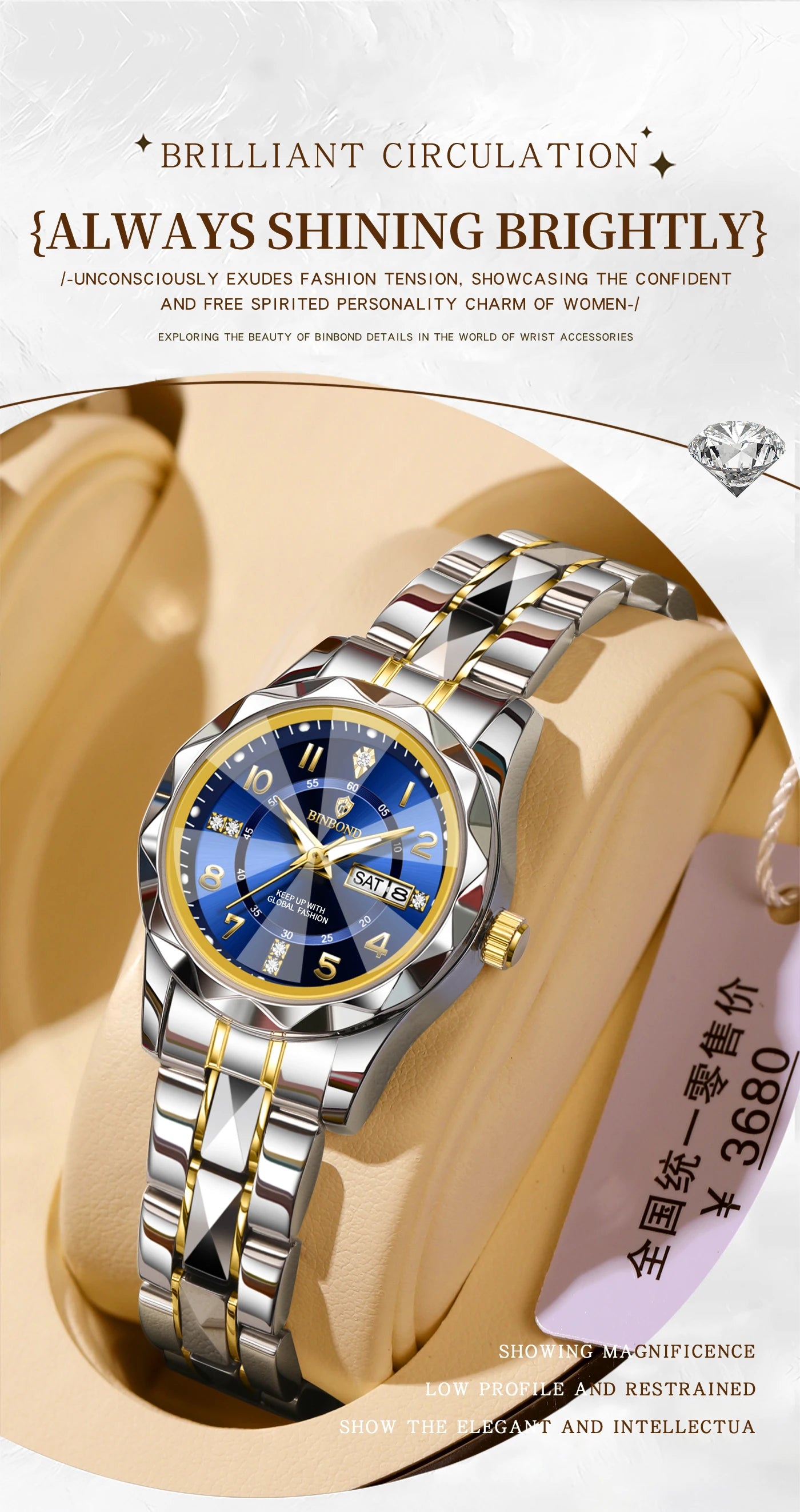 BINBOND Top Brand Fashion Business Womens Quartz Watches Waterproof Luminous Week Date Clock Sport Ladies' Wristwatch New B6632