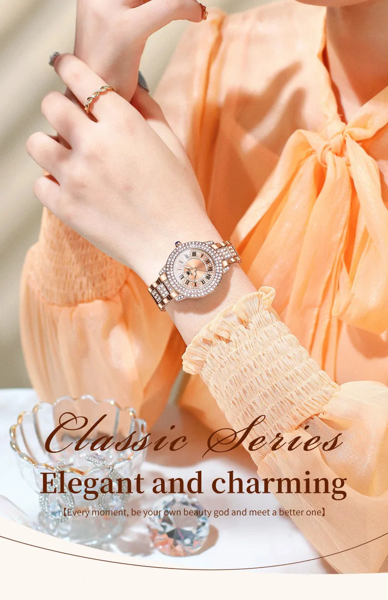 OLEVS Quartz Women's Watch Fashionable Retro Roman Scale Inlaid Diamond Waterproof dial Luxury Exquisite Elegant Women's Watch