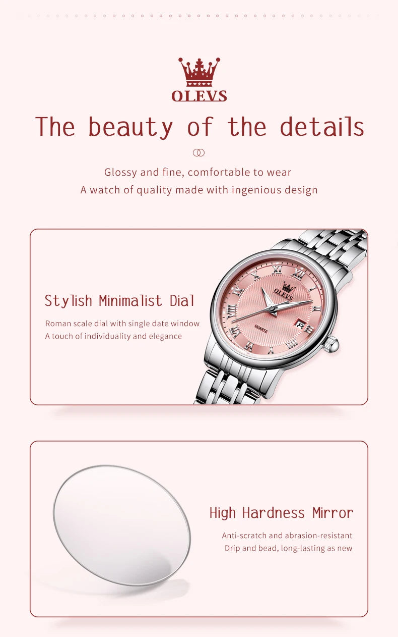 OLEVS 5611 Original Ladies Dress Quartz Wristwatch Luminous Date Stainless Steel Strap Elegant Luxury Women Watches