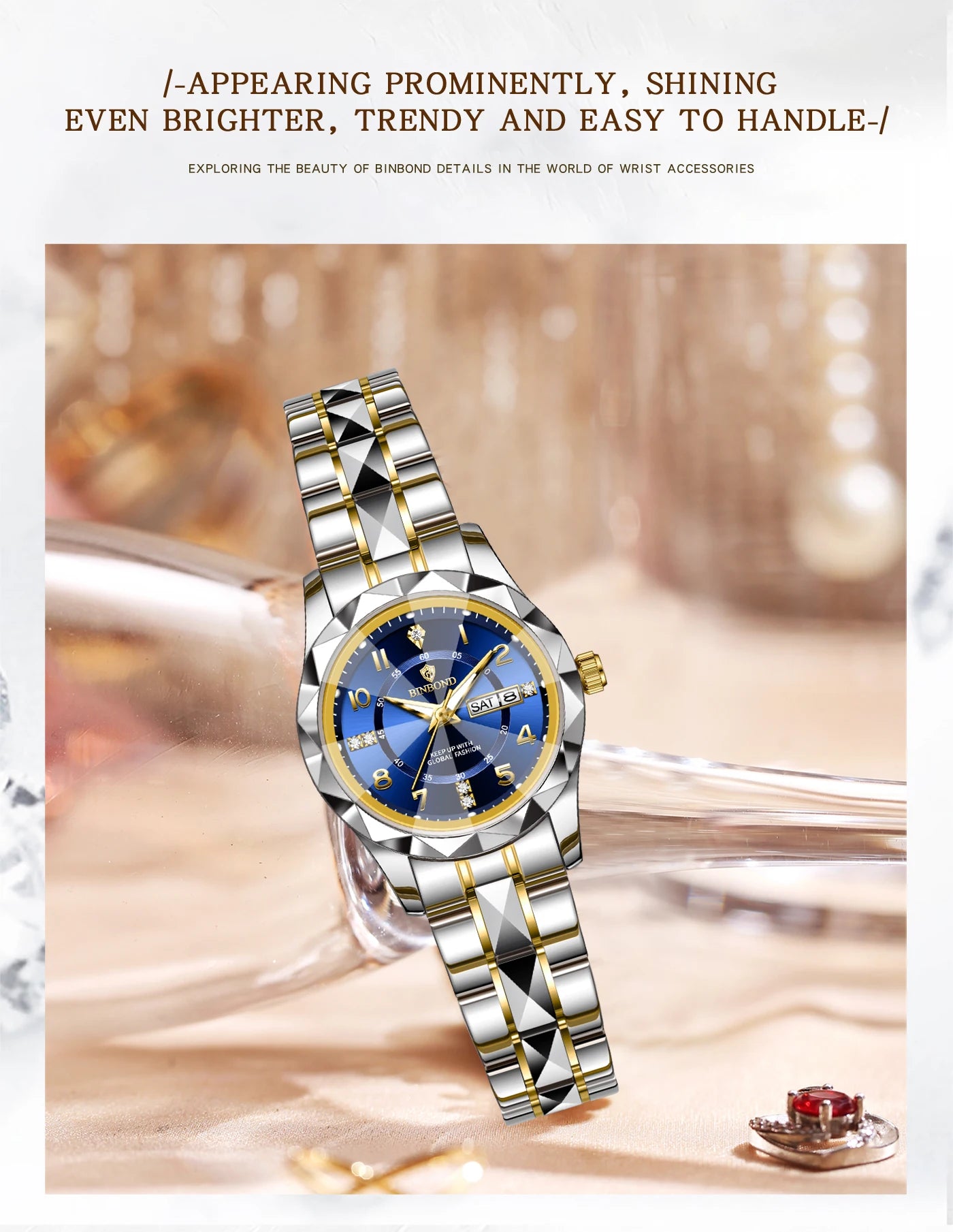 BINBOND Top Brand Fashion Business Womens Quartz Watches Waterproof Luminous Week Date Clock Sport Ladies' Wristwatch New B6632