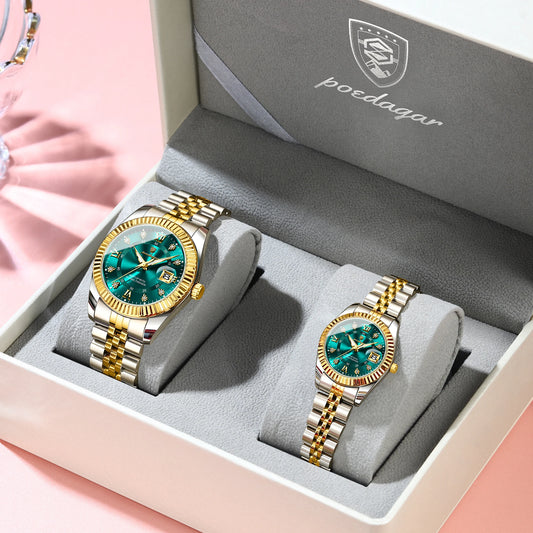 POEDAGAR Top Luxury Couple's Watches Luminous Date Classic Watches For Couple Quartz Stainless Steel Couple Watch Lovers Set+Box