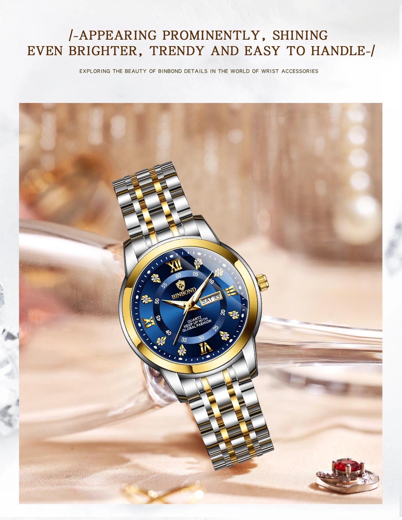 BINBOND Top Brand Luxury Fashion Business Women's Quartz Watch 30M Waterproof Luminous Week Date Clock New Sport Ladies' Watches