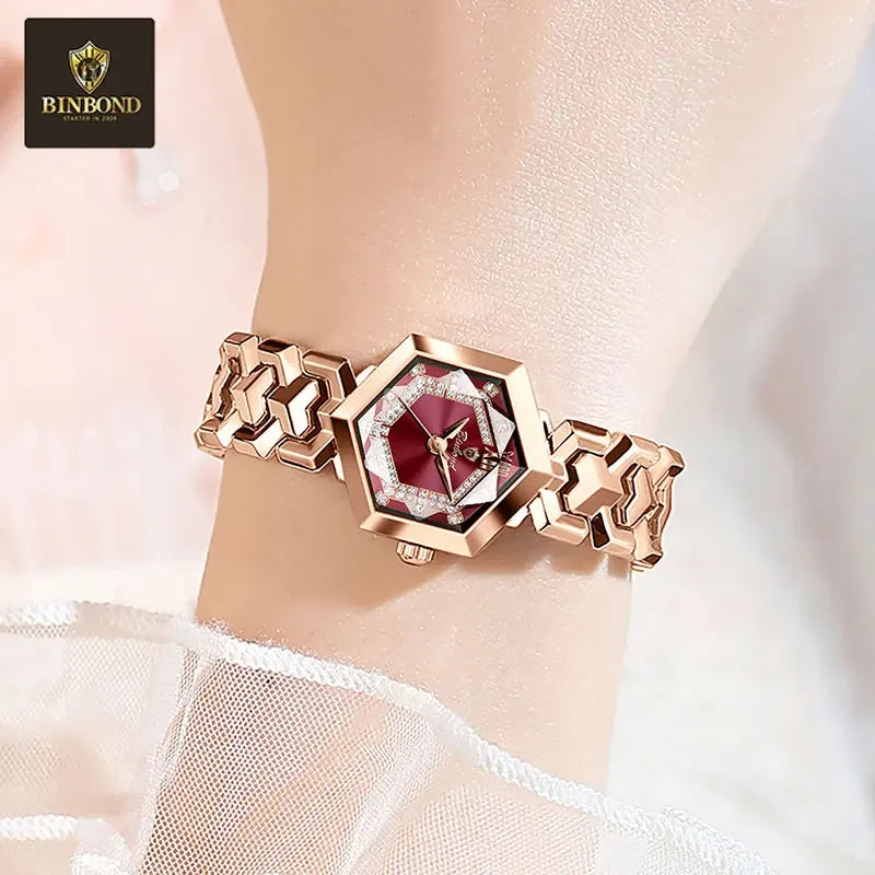 BINBOND Top Brand Elegant Women's Watches Fashion Rhombus Mirror Ladies Wristwatch Waterproof Diamond Dial Original Quartz Watch