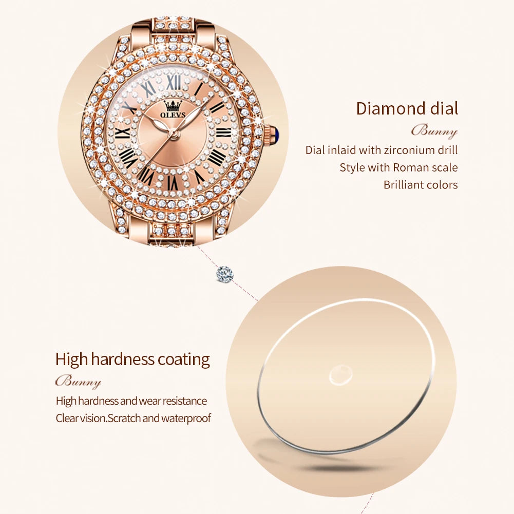 OLEVS Quartz Women's Watch Fashionable Retro Roman Scale Inlaid Diamond Waterproof dial Luxury Exquisite Elegant Women's Watch