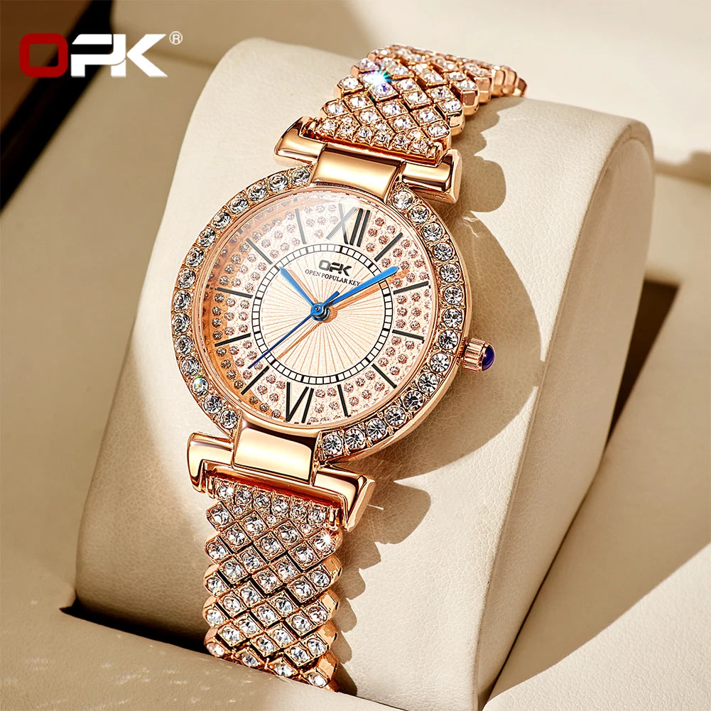 OPK 8618 Noble Women's Watch Luxury Brand Diamond Roman Scale Waterproof dial Elegant temperament Quartz Women's Watch