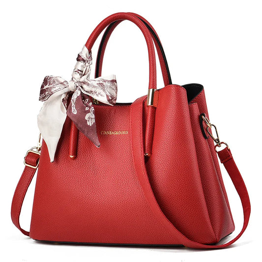 Simple Solid Color Women's Handbag Texture All-in-one Travel Single Shoulder Crossbody Bag Elegant Bow Silk Scarf Decoration