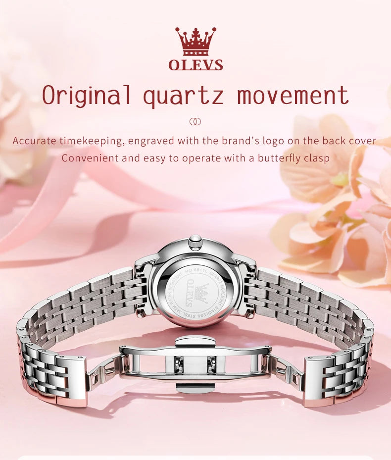 OLEVS 5611 Original Ladies Dress Quartz Wristwatch Luminous Date Stainless Steel Strap Elegant Luxury Women Watches