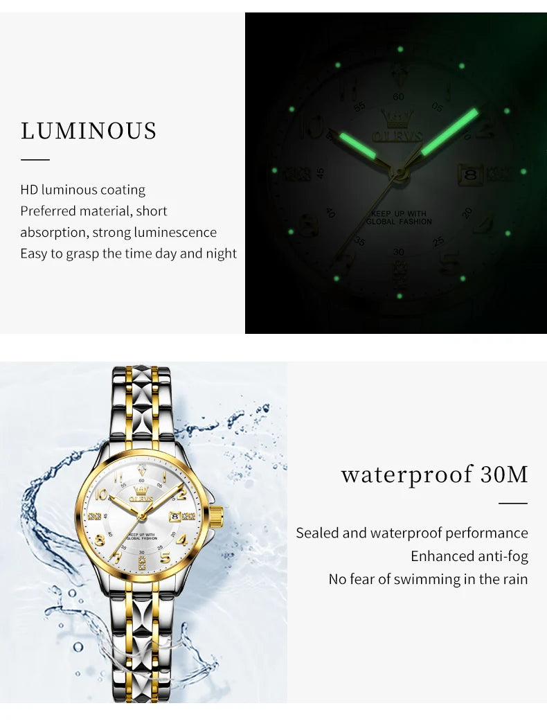 OLEVS 2910 Quartz Women's Watch Luxury Business Stainless Steel Waterproof Calendar Watch Brand Elegant Diamond Women's Watch
