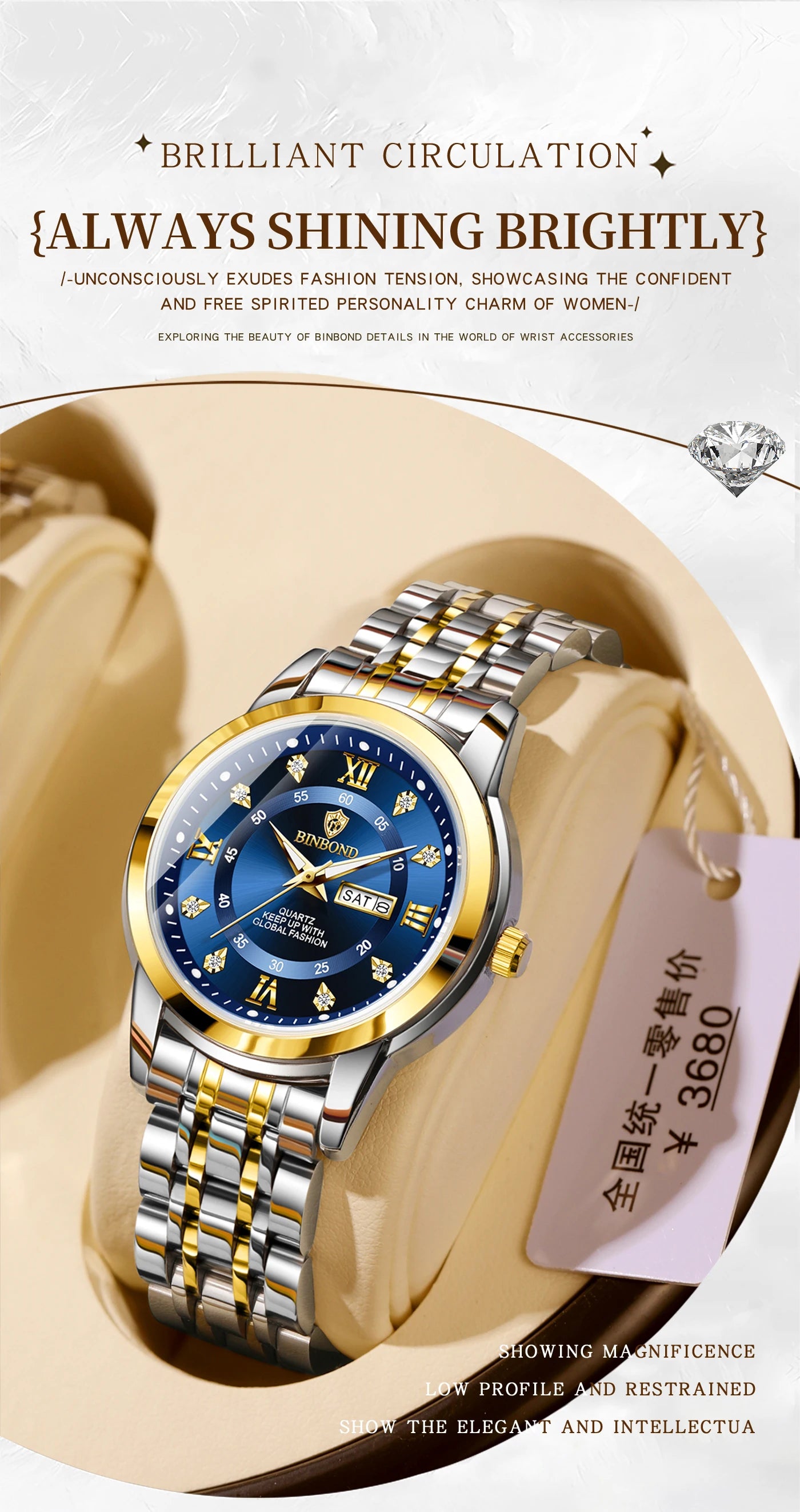 BINBOND Top Brand Luxury Fashion Business Women's Quartz Watch 30M Waterproof Luminous Week Date Clock New Sport Ladies' Watches