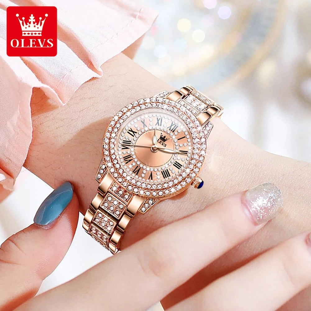 OLEVS Quartz Women's Watch Fashionable Retro Roman Scale Inlaid Diamond Waterproof dial Luxury Exquisite Elegant Women's Watch
