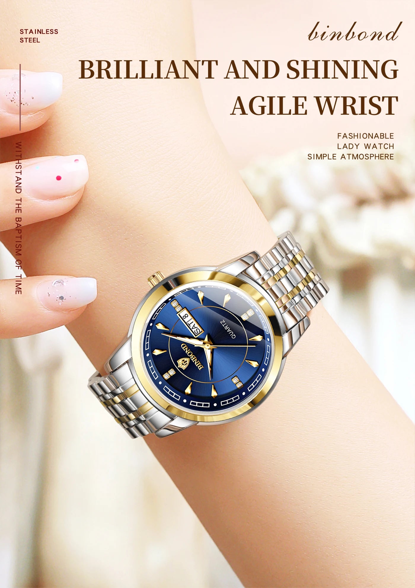BINBOND Original Brand Ladies New Quartz Wristwatch Luxury Stainless Steel Waterproof Women's Watch Fashion Luminous Ms Watches