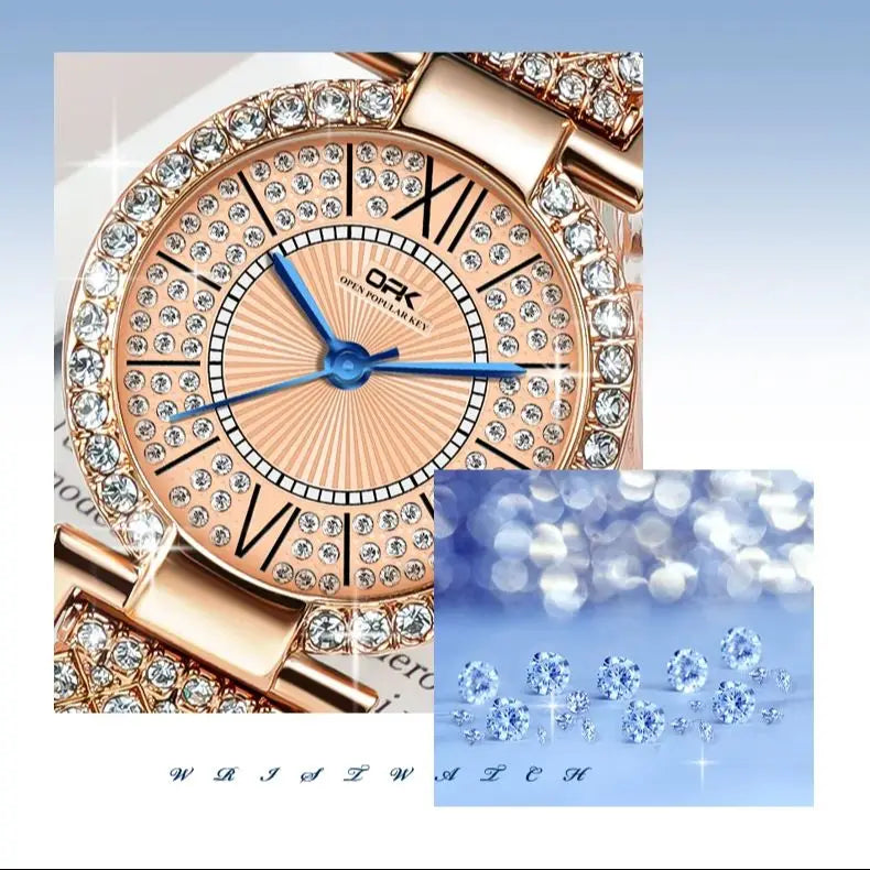 OPK 8618 Noble Women's Watch Luxury Brand Diamond Roman Scale Waterproof dial Elegant temperament Quartz Women's Watch