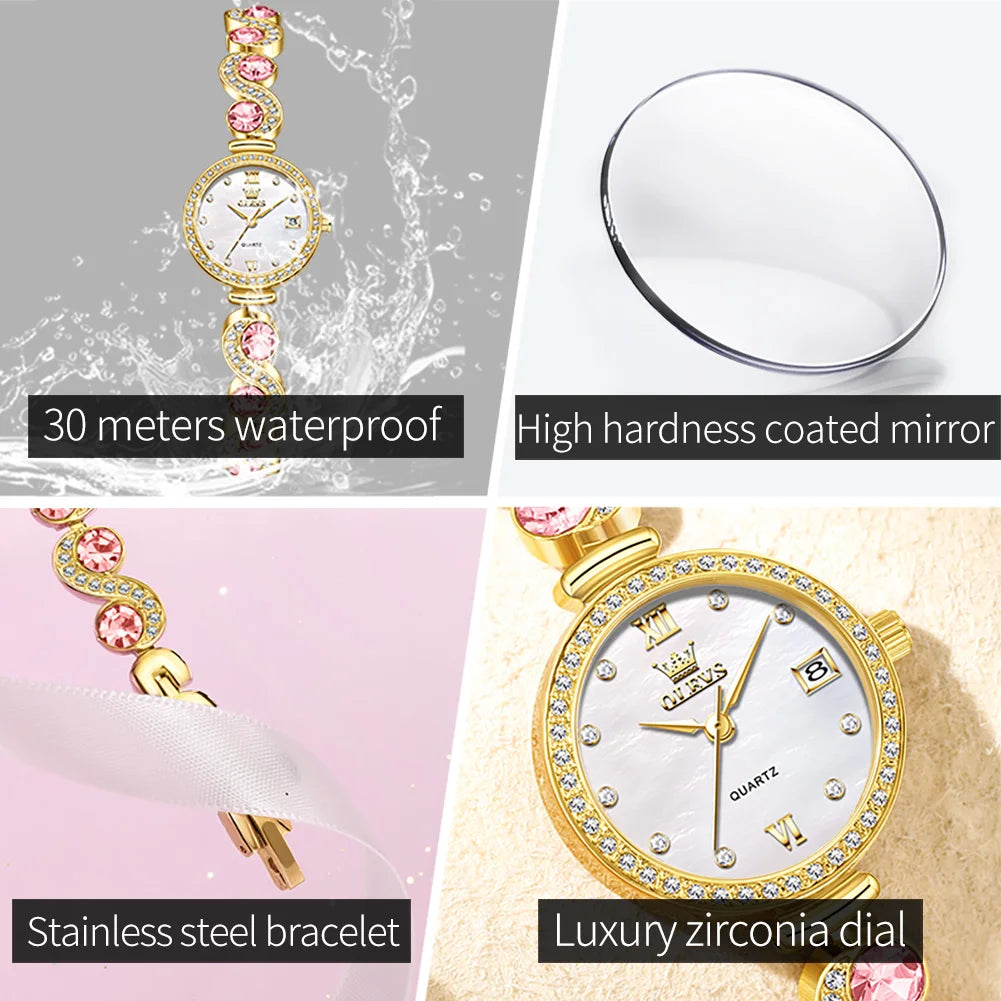 OLEVS 5633 Elegant Women's Bracelet Quartz Watches Diamond Bezel Waterproof Steel Strap Fashion Original Ladies Wristwatch