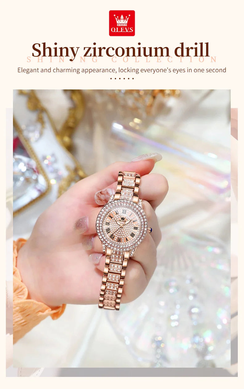 OLEVS Quartz Women's Watch Fashionable Retro Roman Scale Inlaid Diamond Waterproof dial Luxury Exquisite Elegant Women's Watch