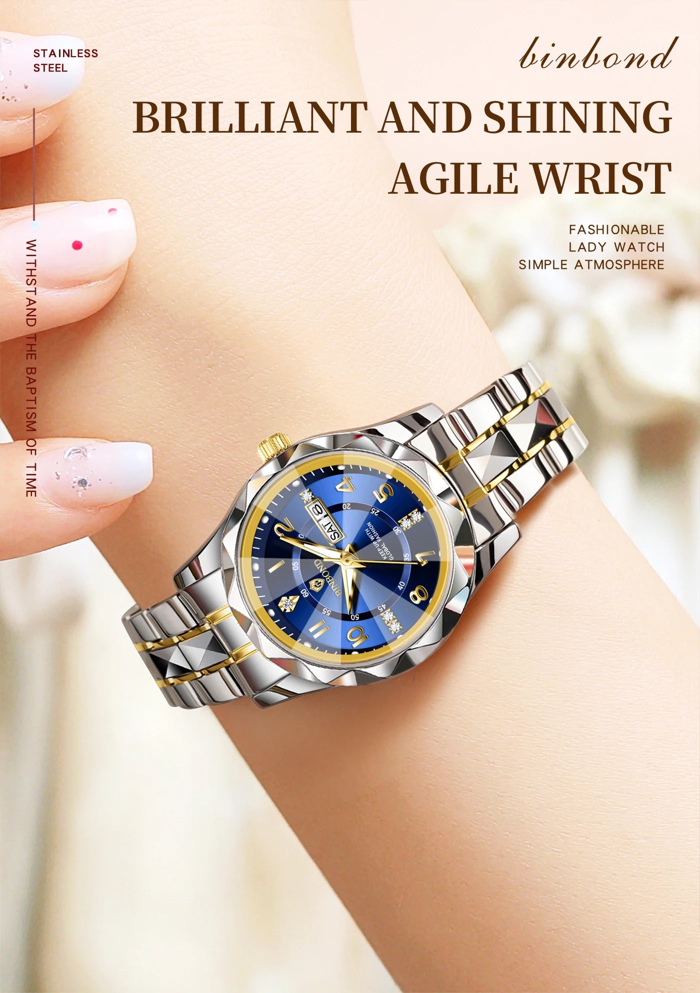 BINBOND Top Brand Fashion Business Womens Quartz Watches Waterproof Luminous Week Date Clock Sport Ladies' Wristwatch New B6632
