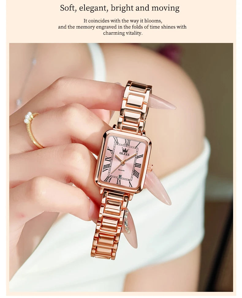 OLEVS 5641 New Ladies Wristwatch Roman Square Dial Waterproof Calendar Stainless Steel Elegant Dress Quartz Watch for Women