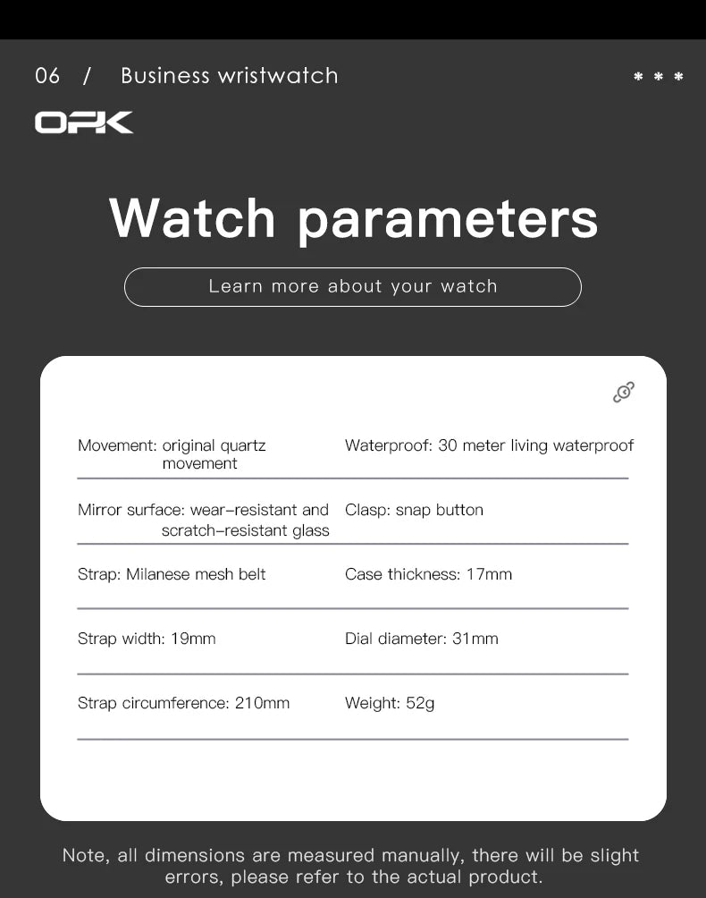 OPK 6029 Quartz Watch for Men Stainless steel Strap Simplicity Wristwatch Man
