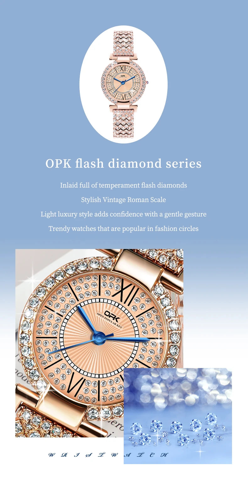 OPK 8618 Noble Women's Watch Luxury Brand Diamond Roman Scale Waterproof dial Elegant temperament Quartz Women's Watch