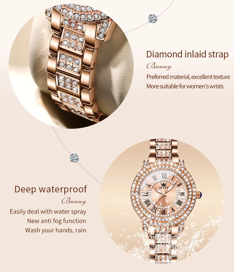 OLEVS Quartz Women's Watch Fashionable Retro Roman Scale Inlaid Diamond Waterproof dial Luxury Exquisite Elegant Women's Watch