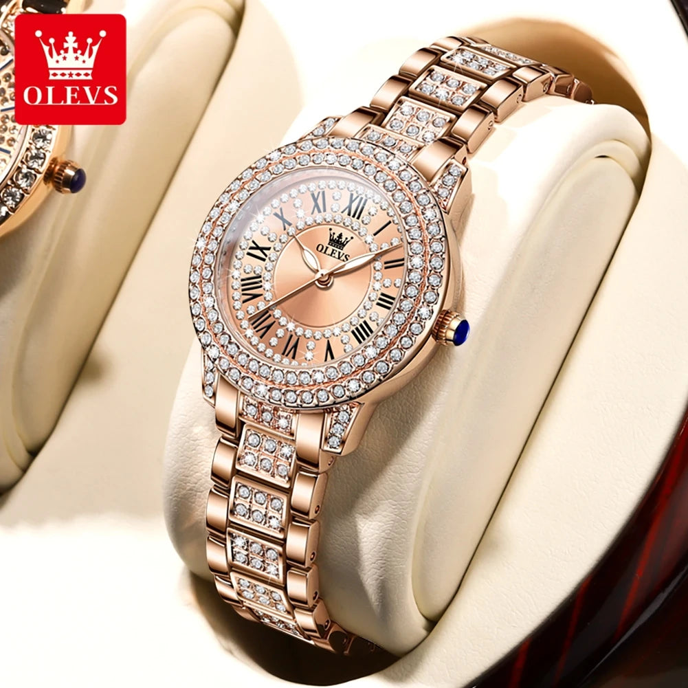 OLEVS Quartz Women's Watch Fashionable Retro Roman Scale Inlaid Diamond Waterproof dial Luxury Exquisite Elegant Women's Watch