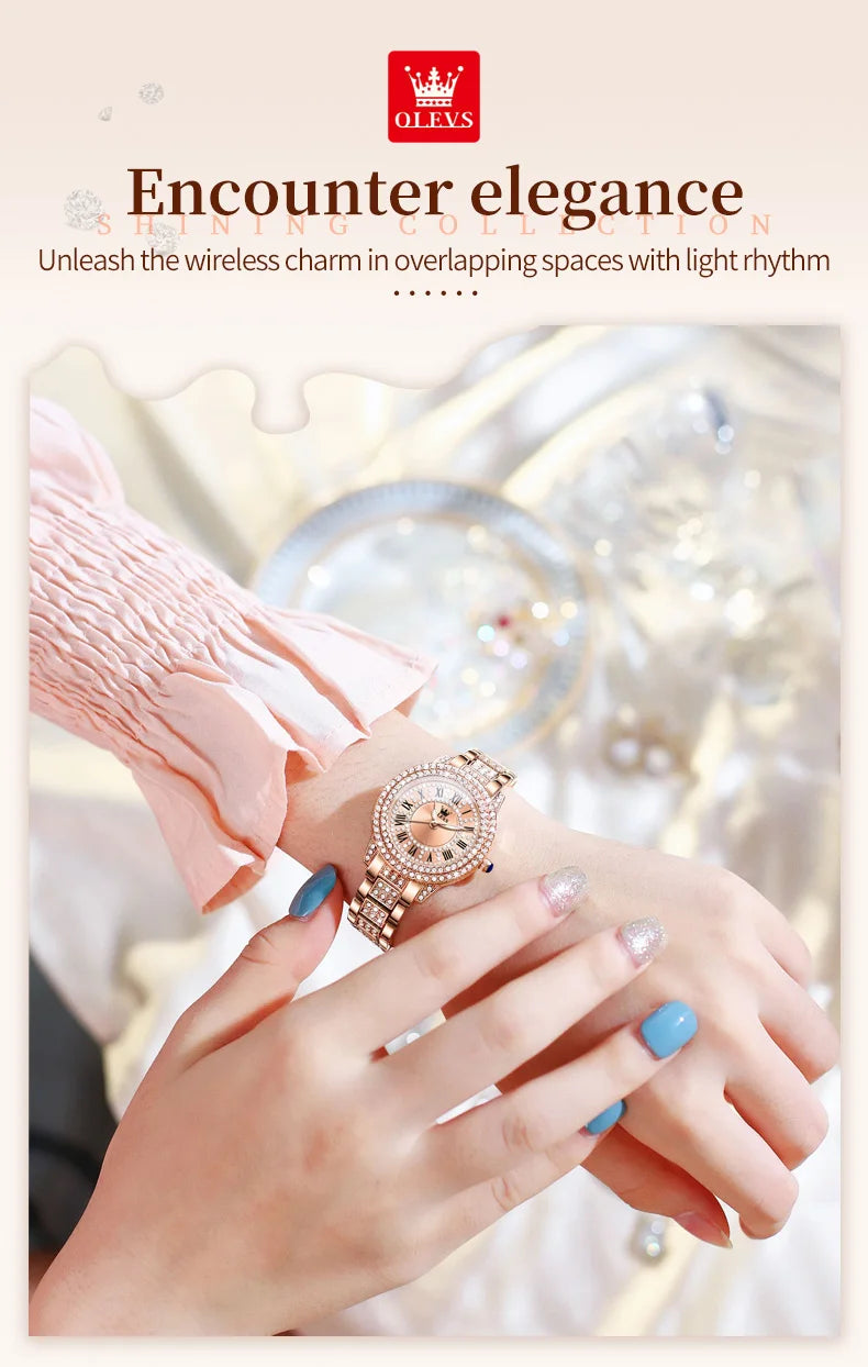 OLEVS Quartz Women's Watch Fashionable Retro Roman Scale Inlaid Diamond Waterproof dial Luxury Exquisite Elegant Women's Watch